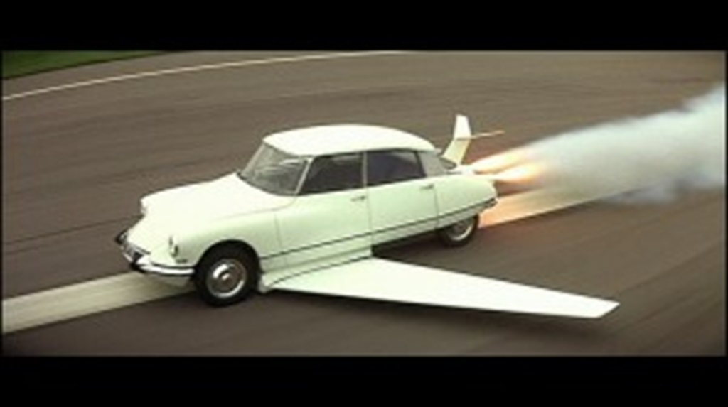 The French film Fantômas se déchaîne (1965) climaxes with arch villain Fantomas escaping in a Citroën DS that uses retractable wings to convert into an airplane.